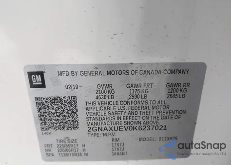 2019 Chevrolet Equinox Lt from USA, damaged, VIN 2GNAXUEV0K6237021